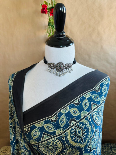 Ajrakh hand block printed modal silk saree | Dark Blue | Ships from California